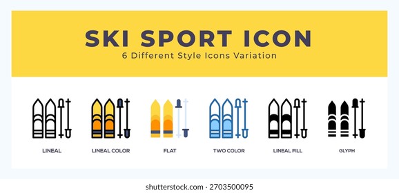 Skisport-Ikone mit verschiedenen Stilen. Symbole in voller Form. umreißen. flach. Glyphe und Strichfarbe.