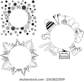 ski sport vector logo illustration template circle round frame set icon graphic line design. snowflakes, pine tree forest, ski goggles ski stick symbol or sign for winter sport shop or business 