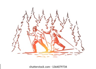 Ski, sport, winter, mountains, snow concept. Hand drawn sportsmen skiing in mountains concept sketch. Isolated vector illustration.