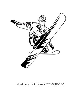 deportes de esquí.Snowboarder en ilustración de vector de acción. Deportes de invierno extremos. blanco y negro 