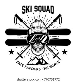 Ski squad. Extreme skull with skis.  Design element for emblem, sign, label, poster. Vector illustration