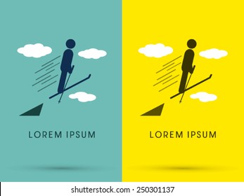 Ski, standing and jumping to the sky ,logo, symbol, icon, graphic, vector.
