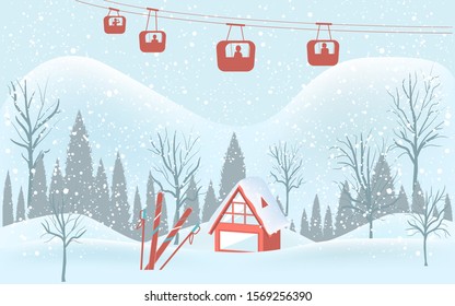 Ski station in the mountains - cable car with tourists in the cabin, country house, forest - vector. Christmas. New Year. Rest at nature. Winter tourism