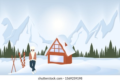 Ski station - mountains, girl, ski, country house, forest - vector. Christmas. New Year. Rest at nature. Winter tourism