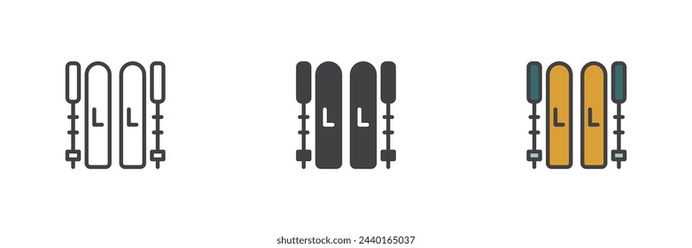 Ski and sticks different style icon set. Line, glyph and filled outline colorful version, outline and filled vector sign. Symbol, logo illustration. Vector graphics