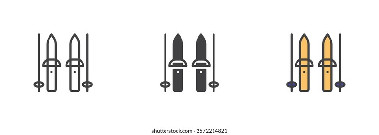 Ski and sticks different style icon set. Line, glyph and filled outline colorful version, outline and filled vector sign. Symbol, logo illustration. Vector graphics