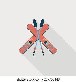 ski and sticks flat icon with long shadow