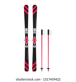 Ski and sticks flat style design vector illustration icons signs isolated on white background. Skiing equipment and winter sports symbols.