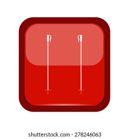 Ski sticks icon on a red button, vector illustration