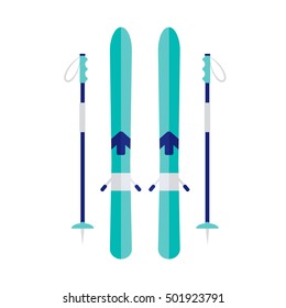 Ski and sticks isolated icon on white background. Skiing equipment. Winter sports icon. Flat vector illustration design. 