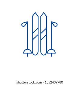 Ski and ski sticks line icon concept. Ski and ski sticks flat  vector symbol, sign, outline illustration.