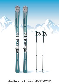 Ski and sticks on the mountains background - vector
