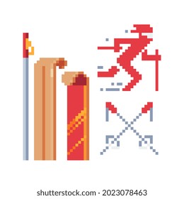 Ski and sticks, skier winter sport icons set. Ski poles. Skiing equipment isolated on white background pixel art style vector illustration. Elements for ski resort, mountain activities, logo. 8-bit.