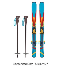 Ski and sticks vector illustration isolated on white background. Ski winter sport equipment snow mountain tools leisure. Cold extreme slope fun active winter skiing sport recreation.