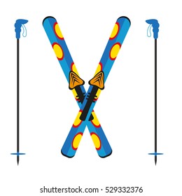 Ski and sticks vector illustration isolated on white background. Ski winter sport equipment snow mountain tools leisure. Cold extreme slope fun active winter skiing sport recreation.