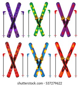 Ski and sticks vector illustration isolated on white background. Winter sport equipment snow mountain tools leisure. Cold extreme slope fun active nature skiing sport recreation.