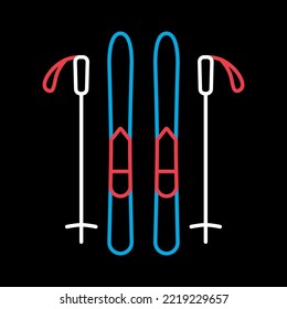 Ski and sticks vector isolated on black background icon. Winter sign. Graph symbol for travel and tourism web site and apps design, logo, app, UI