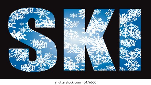 Ski text illustration with snow falling through the letters ideal as a title