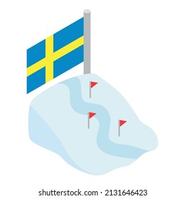 Ski track icon isometric vector. Snow covered slope with ski trace, sweden flag. Winter leisure, hobby, active recreation, extreme sport