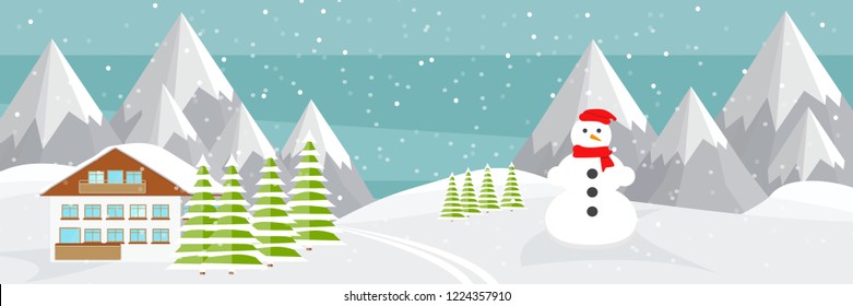 Ski trail, Alps, fir trees, falling snow, cute countryside house, mountains panoramic background, flat vector illustration. Ski resort season is open. Winter web banner design.