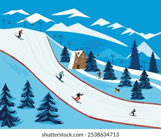 Ski trail in the mountains. People skiing. Ski resort. A skier goes down the hill. Vector illustration.