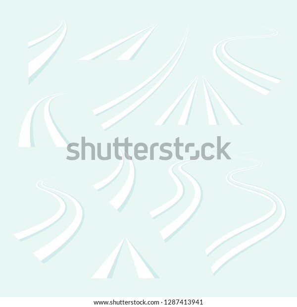 Ski trail turns curves and wobbles, winter\
cross country ski running track in perspective, ski run in snow\
vector illustration