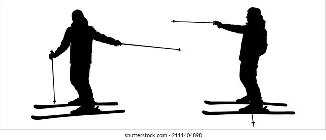 Ski trainer. The skier indicates the direction of travel forward or backward with his hand with a ski pole. Man, guy skier. Winter sports. Two male black silhouette isolated on white background.