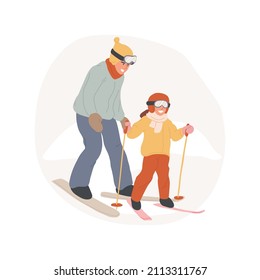 Ski training abstract concept vector illustration. Adult teaching the kid how to ski, having first lesson, people active lifestyle, physical activity, winter sports abstract metaphor.