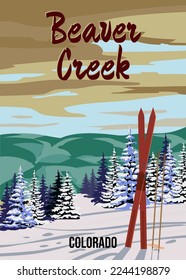 Ski Travel resort poster vintage Beaver Creek. Colorado USA winter landscape travel card