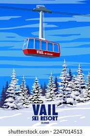 Ski Travel resort vintage Vail. Tarjeta de viaje de paisajes de invierno de Colorado USA