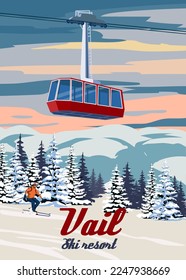 Ski Travel resort vintage Vail. Tarjeta de viaje de paisajes de invierno de Colorado USA