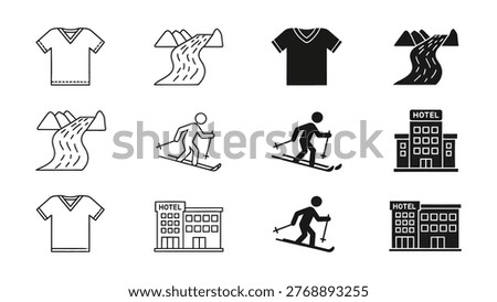 Ski trip attire and accommodation icons set