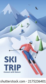 Ski trip poster. Papercut style illustration of amateur skiers riding downhill on snowy mountains