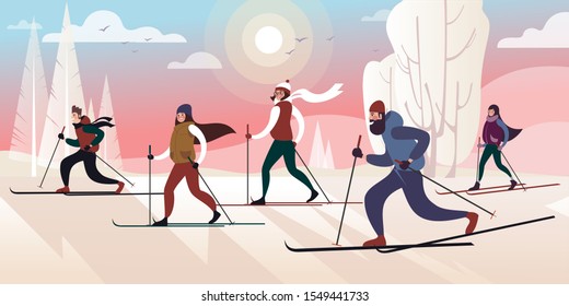 A ski trip to the winter city park on a frosty day. Flat vector illustration.