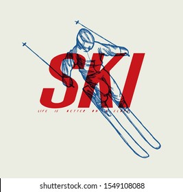 Ski typography t-shirt print design with skier going down - dynamic vector illustration
