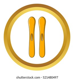 Ski vector icon in golden circle, cartoon style isolated on white background