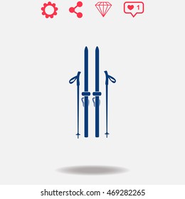 Ski vector icon on grey background.