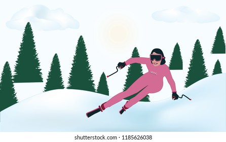 Ski walk in a snowy forest - girl with a smile, cheerful - drifts, sun, clouds - vector