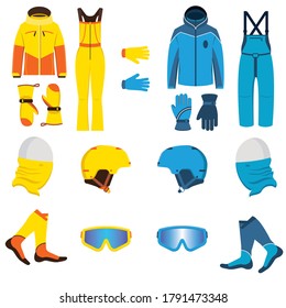 Ski wear vector illustration. Waterproof, breathable men and women clothing for winter sports and recreation. Jacket, salopettes, gloves, snowboard helmet, neck warmer buff, socks, goggles sunglasses.