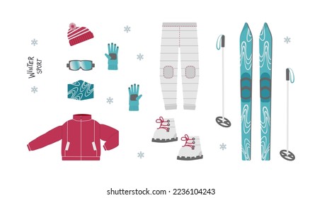 Ski, Winter clothes and accessories for active lifestyle. Snow activities and sports clothing Vector illustration set in flat on white background