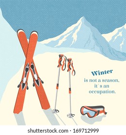 Ski Winter Mountain Landscape Background Retro Poster Vector Illustration