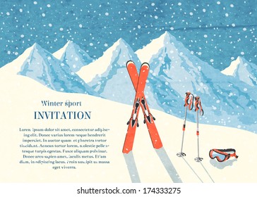 Ski winter mountain landscape retro invitation card frame vector illustration