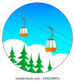 Ski winter resort. Against the blue sky, a lift with cabins. Below are clouds and green spruce. Round vector cartoon illustration.