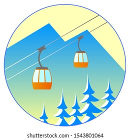 Ski winter resort. Against the blue sky, a lift with cabins. In the background is the silhouette of a mountain. Round vector cartoon illustration.