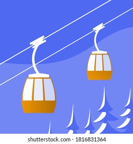 Ski winter resort. Against the blue sky, a lift with cabins. In the background is the silhouette of a mountain. Vector cartoon illustration. 