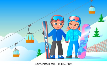 Ski winter resort. A boy and a girl are standing on top in full gear; snowboard, skis, helmets and masks. Sunny weather, snow spruce and funicular. Vector cartoon illustration.