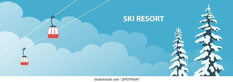 Ski winter resort. Cable car. Ate in the snow. Background with blue sky and clouds. Place for text. Vector cartoon illustration web banner