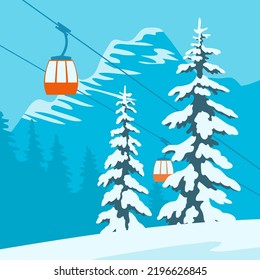 Ski winter resort. Cable car. Ate in the snow. Background with clouds and blue sky. Vector cartoon illustration