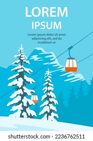 Ski winter resort. Cable car, skiing. Ate in the snow. Background with mountain and blue sky. Vector cartoon illustration poster
