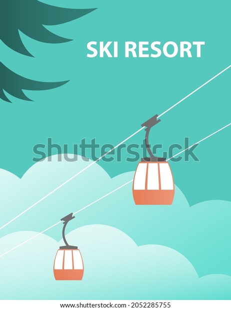 Ski winter resort. Cable car. Travel\
and tourism. Vector cartoon illustration\
poster